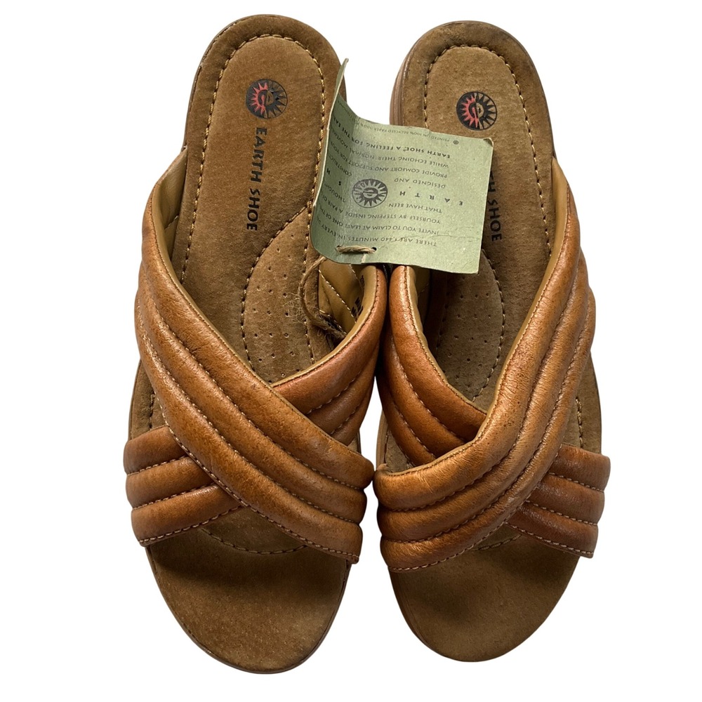 Earth Shoe Reef Tan Leather Padded Criss Cross Slide Sandals Wmns 10 NWT 3166560